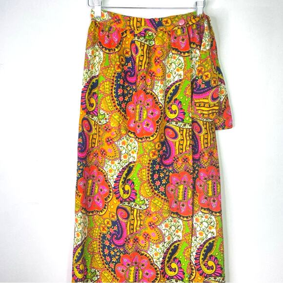 Vintage Maxi Skirt 1960s Paisley Bright Colors Pink Yellow S - Picture 3 of 11